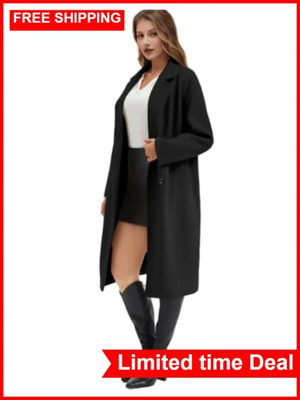 Women's Long Double Breasted Peacoat Notch Lapel Wool Blend Coat